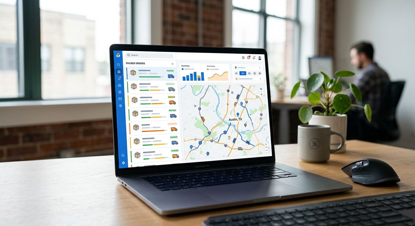 A sleek product showcase of the Shiprex dispatch control dashboard on a laptop, displaying real-time shipment statuses and route optimization maps.