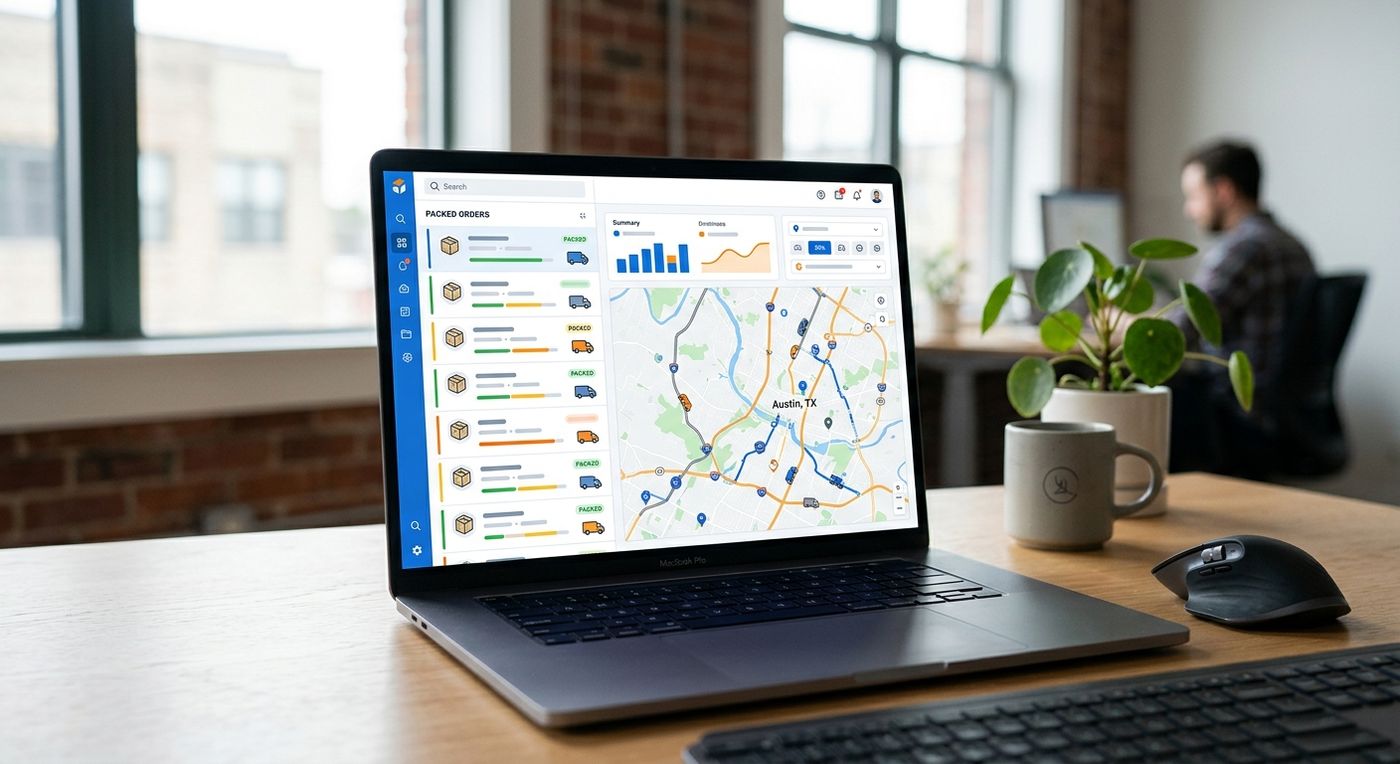 A sleek product showcase of the Shiprex dispatch control dashboard on a laptop, displaying real-time shipment statuses and route optimization maps.