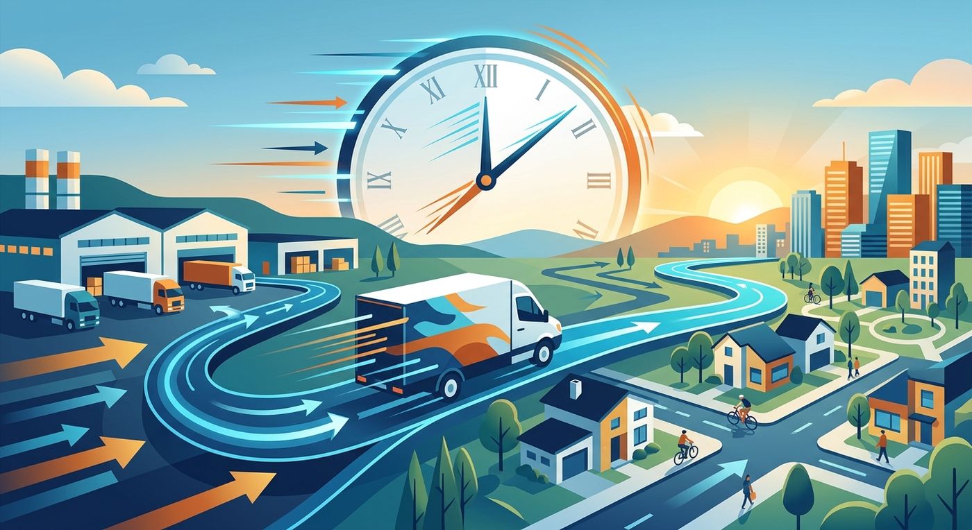 A conceptual illustration showing a fast-moving logistics truck and an abstract clock, representing distribution time reduction solutions for shipping companies.