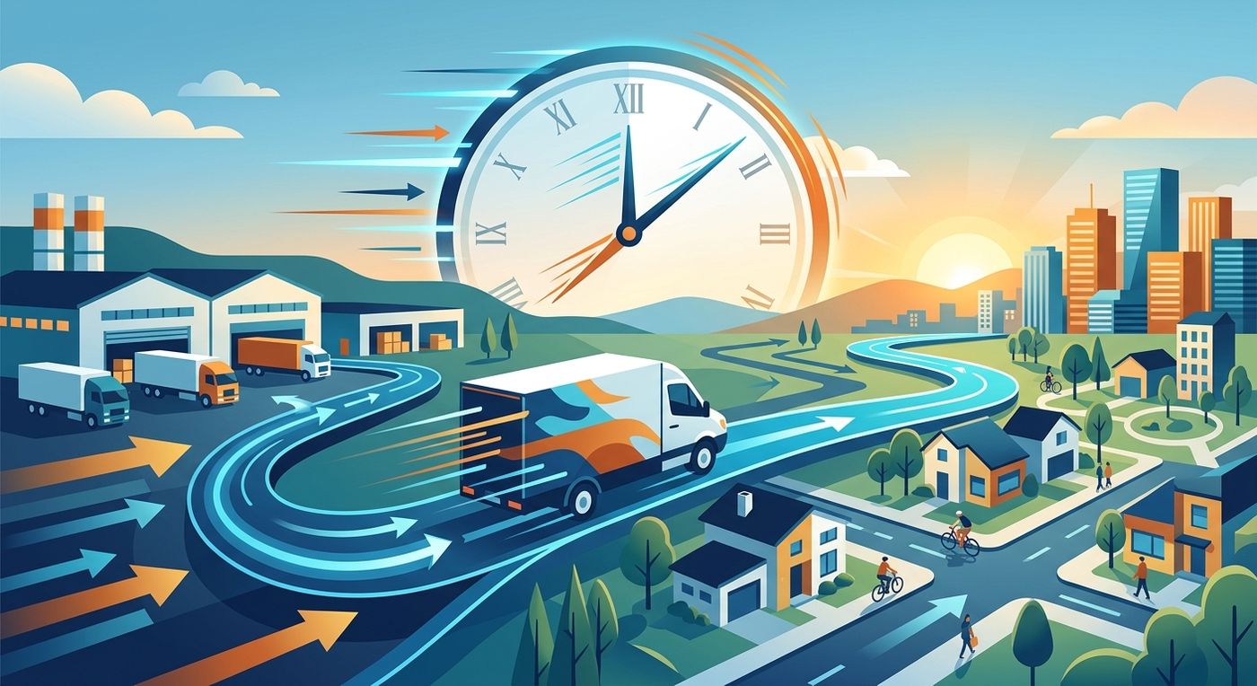 A conceptual illustration showing a fast-moving logistics truck and an abstract clock, representing distribution time reduction solutions for shipping companies.
