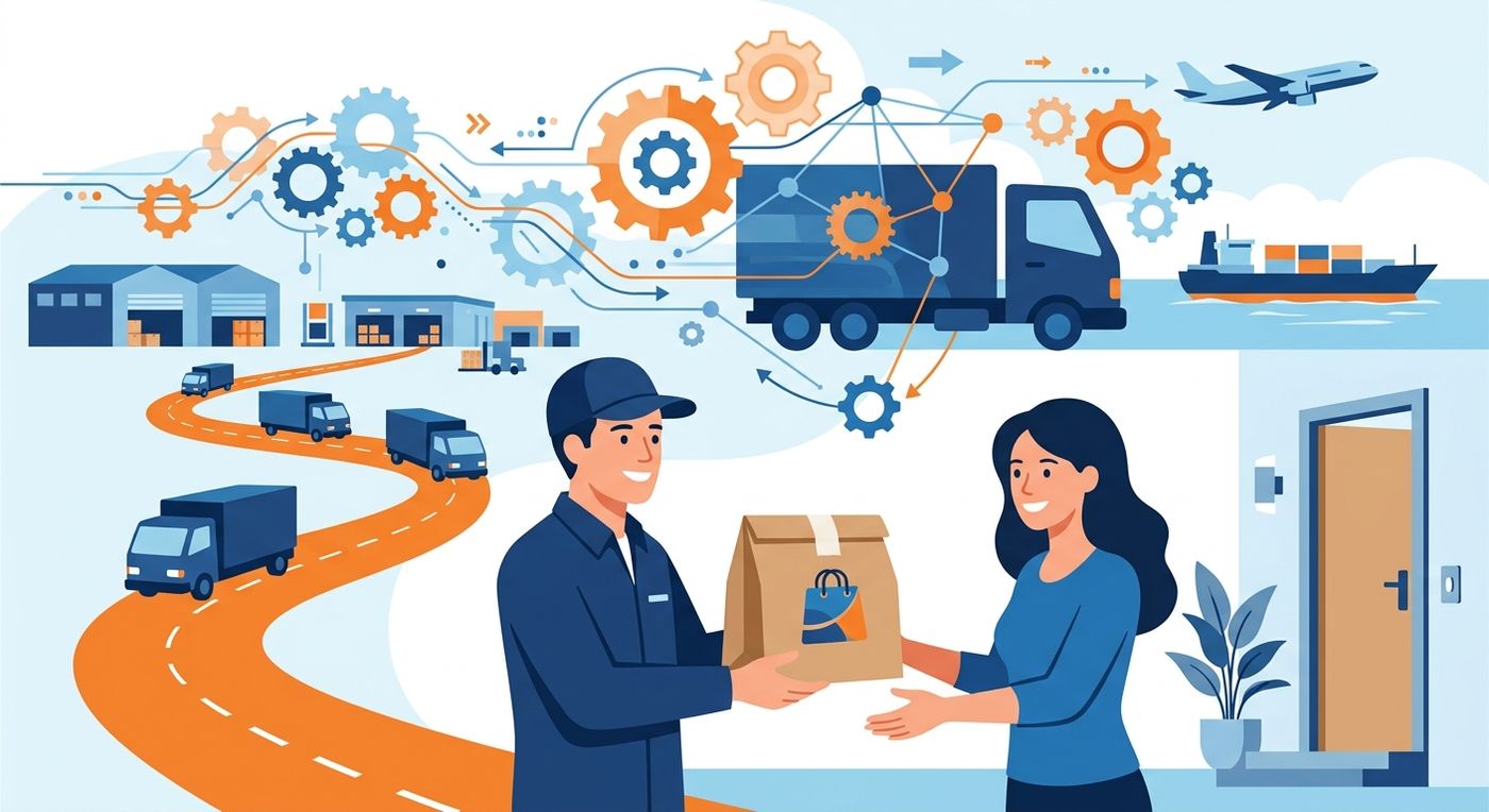 Flat vector illustration showing the concept of white-label shipping where a customer receives a branded package backed by an invisible logistics network.