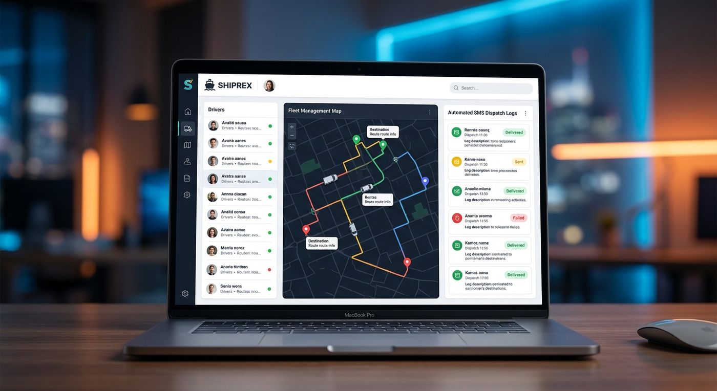 A professional product showcase of the Shiprex fleet management and automated SMS dispatch dashboard on a laptop screen.
