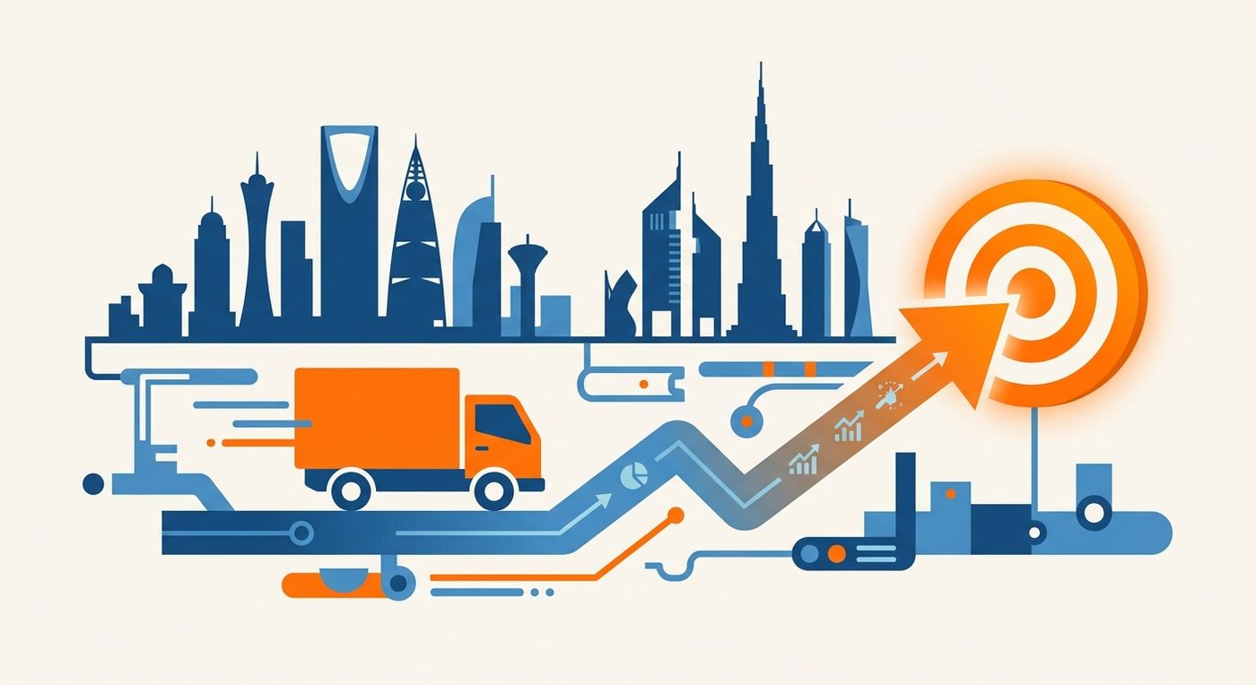 A flat vector editorial illustration representing cross-border shipping and fleet management ERP Saudi solutions, symbolizing ROI and scale in Riyadh and Dubai.