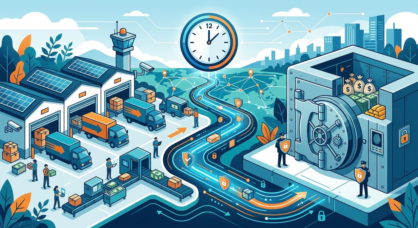 A flat editorial illustration representing secure cash transit, 24-hour bank deposits, and cash leakage prevention for logistics operations.