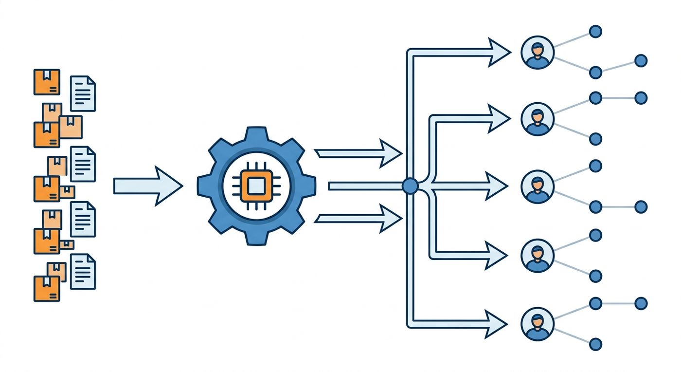 A technical diagram showing the flow from unassigned bulk orders to optimized automated routes for drivers.