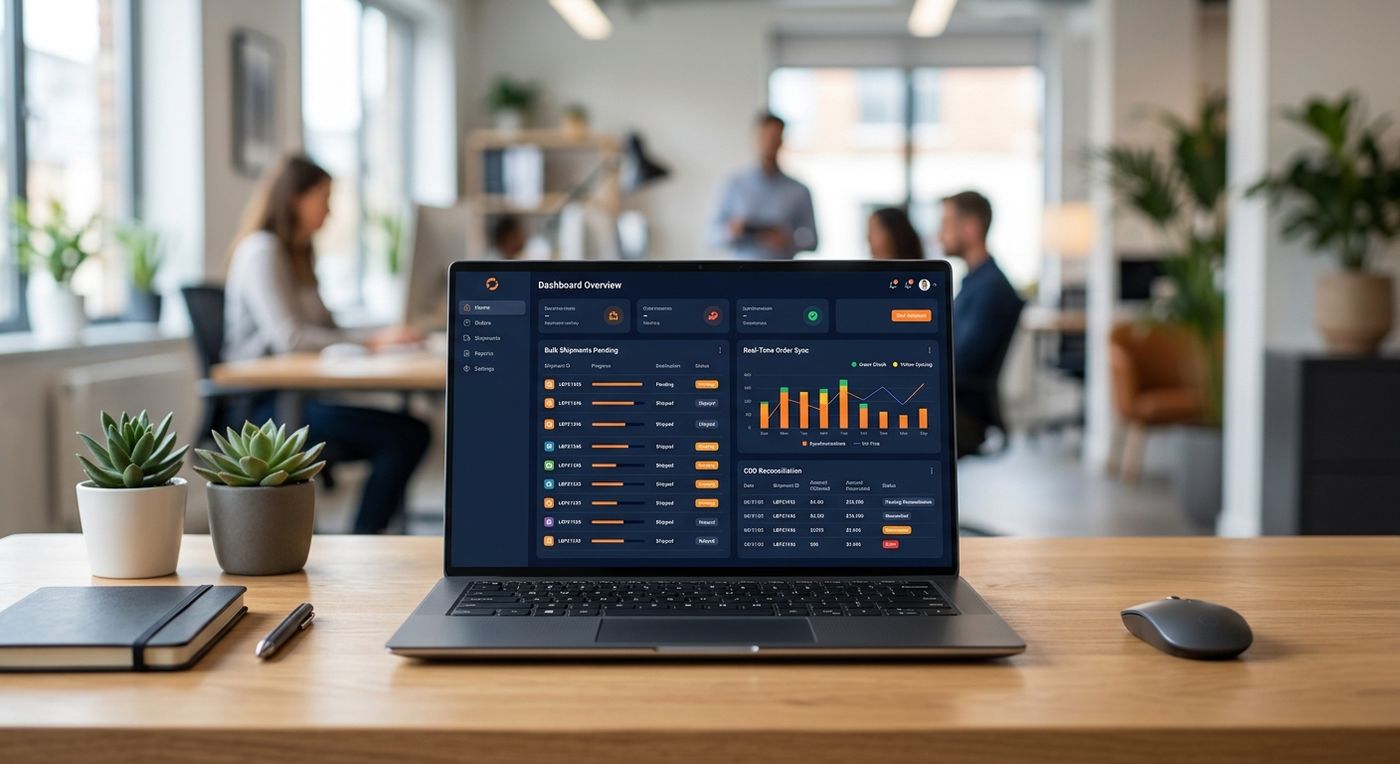 A product showcase of the Shiprex logistics ERP dashboard on a laptop, displaying automated e-commerce order sync and bulk shipping operations.