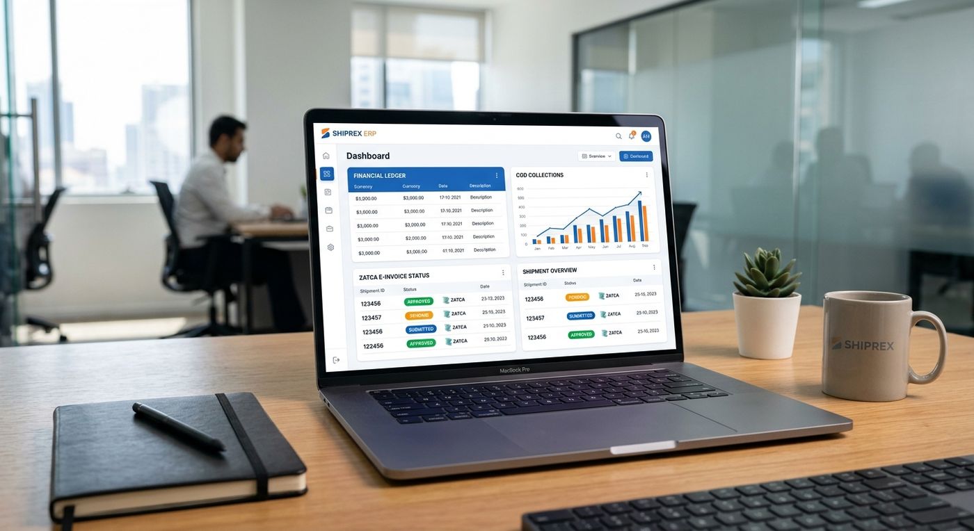 جهاز كمبيوتر محمول حديث يعرض لوحة تحكم نظام Shiprex لإدارة العمليات اللوجستية، تظهر واجهة الفوترة المؤتمتة وتسوية تحصيل COD ومؤشرات الامتثال لـ ZATCA.