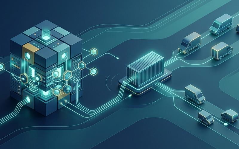 رسم توضيحي رقمي حديث يوضح ترابط عقد تكنولوجيا واجهة برمجة التطبيقات مع حاويات الشحن اللوجستية لتمثيل ربط الأنظمة للمؤسسات