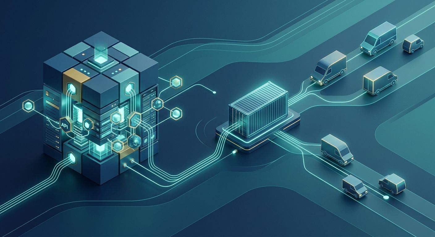 A modern digital illustration of API technology nodes connecting seamlessly with logistics shipping containers, representing enterprise integration.
