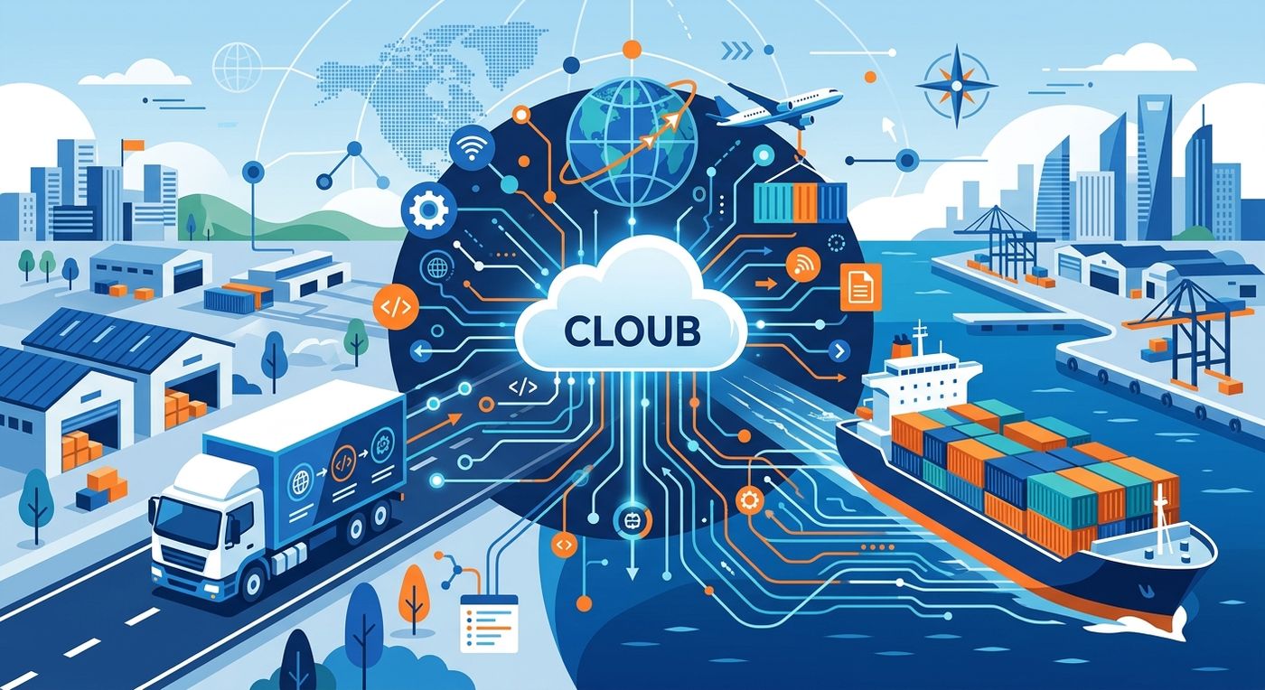 Flat vector illustration representing connected enterprise B2B shipping and logistics networks.