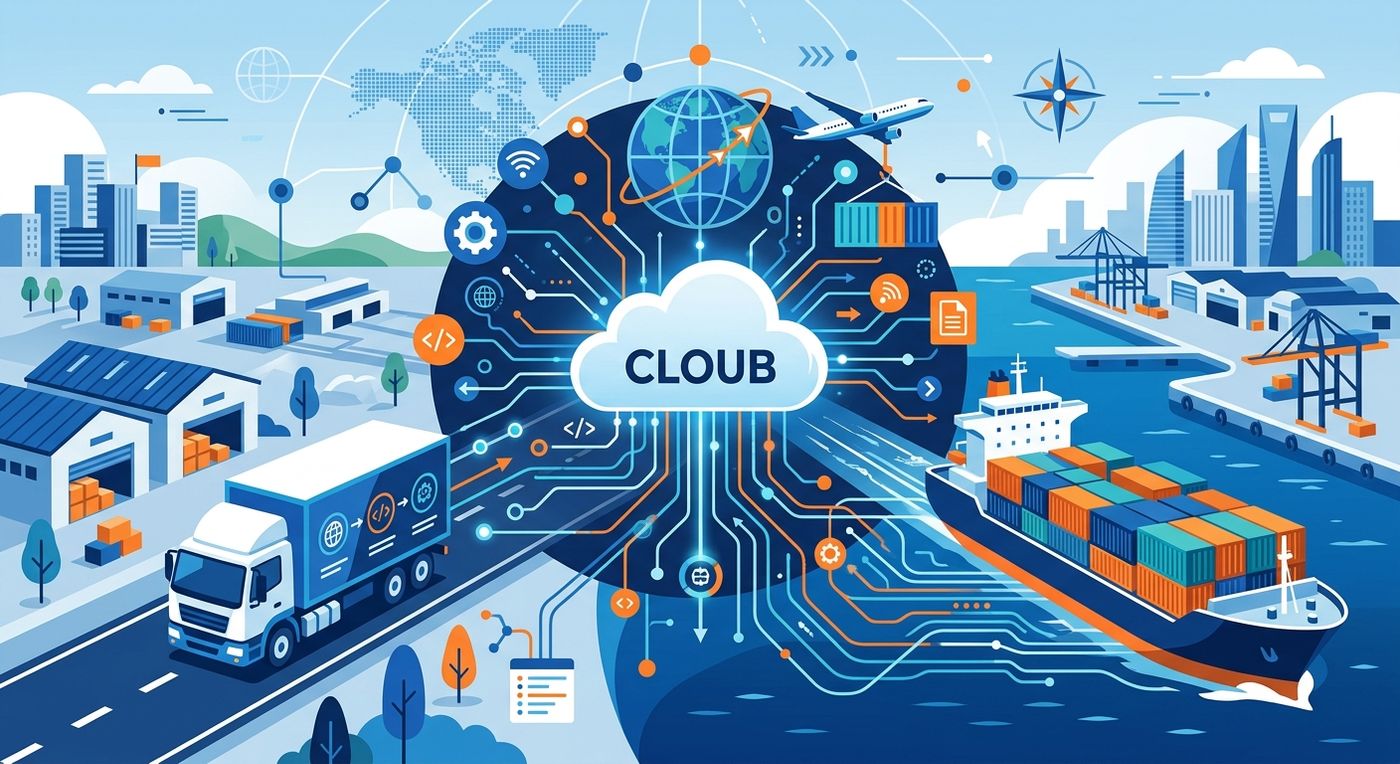 Flat vector illustration representing connected enterprise B2B shipping and logistics networks.