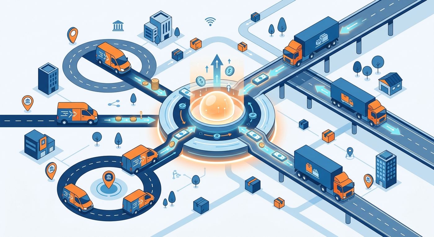Flat illustration of a secure, centralized logistics treasury clearing system managing multi-branch cash flow.