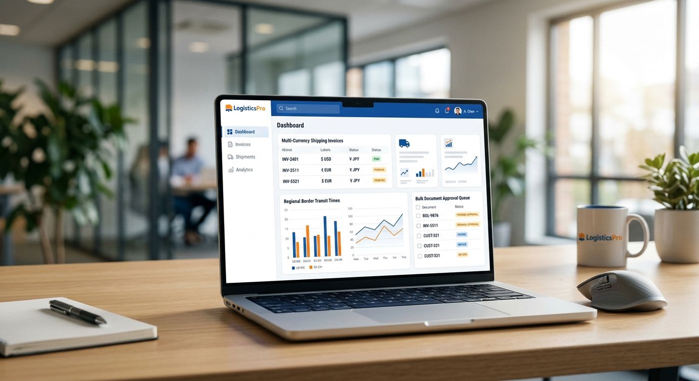 Shiprex SaaS dashboard displaying multi-currency logistics management and bulk cross-border compliance status.