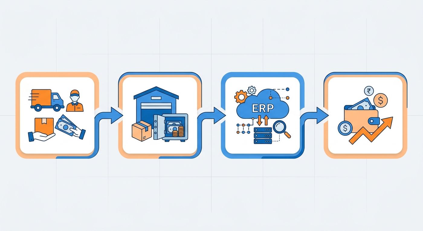 Technical flow diagram illustrating the multi-branch COD reconciliation process from courier collection to branch settlement and automated merchant payout.