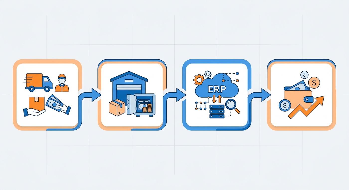 Technical flow diagram illustrating the multi-branch COD reconciliation process from courier collection to branch settlement and automated merchant payout.