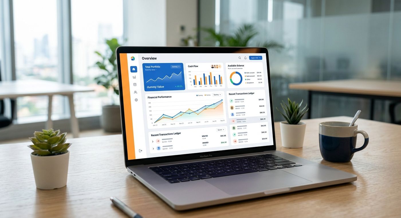 A modern laptop displaying the inter-branch settlement dashboard with financial charts and multi-hub balances.