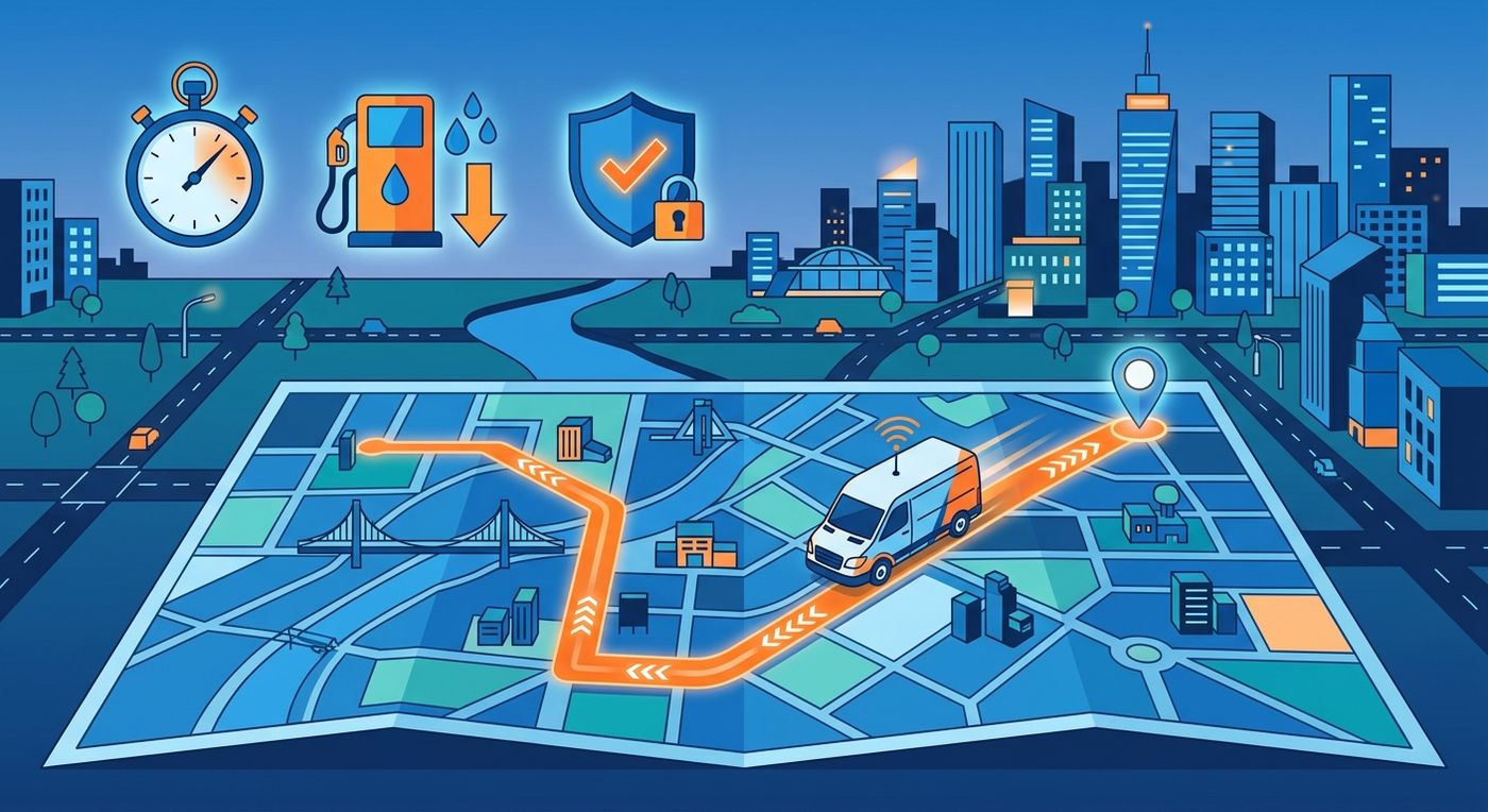 Flat vector illustration of a delivery vehicle navigating an optimized route in a city, symbolizing fuel savings and efficient last-mile logistics operations.