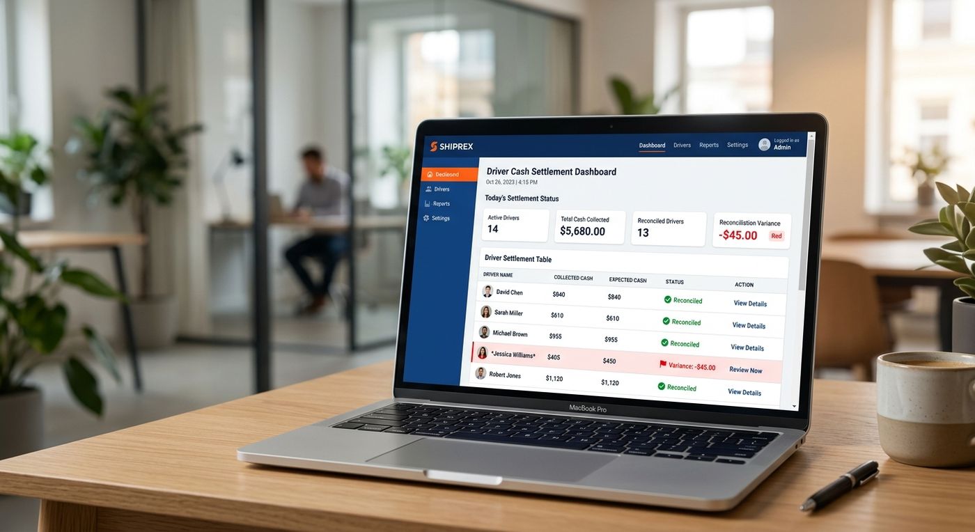لوحة تحكم تسوية النقدية للسائقين من نظام شيب ركس على شاشة كمبيوتر محمول تعرض مطابقة النقدية الفورية وتتبع الفروقات في الوقت الفعلي.
