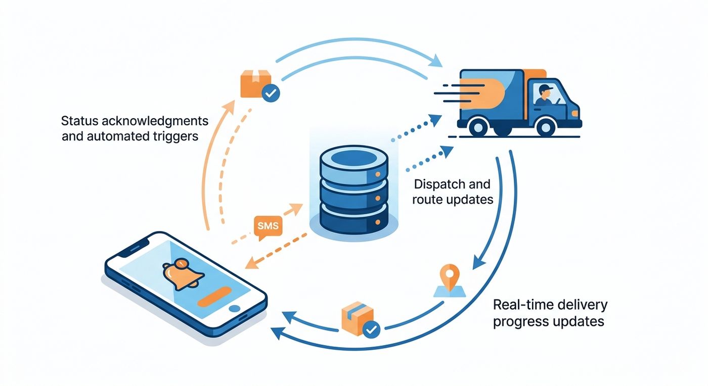 A technical diagram illustrating the automated workflow between the Shiprex ERP, the delivery driver, and the customer via real-time SMS notifications.
