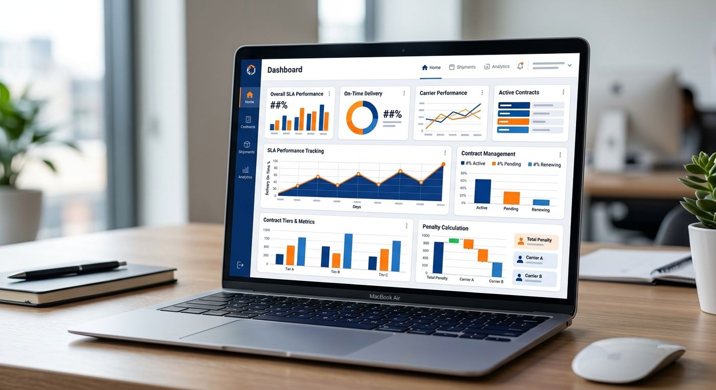 لوحة تحكم سحابية حديثة على شاشة كمبيوتر محمول تعرض تتبع اتفاقيات مستوى الخدمة اللوجستية ومقاييس العقود وتحليلات أداء التوصيل.