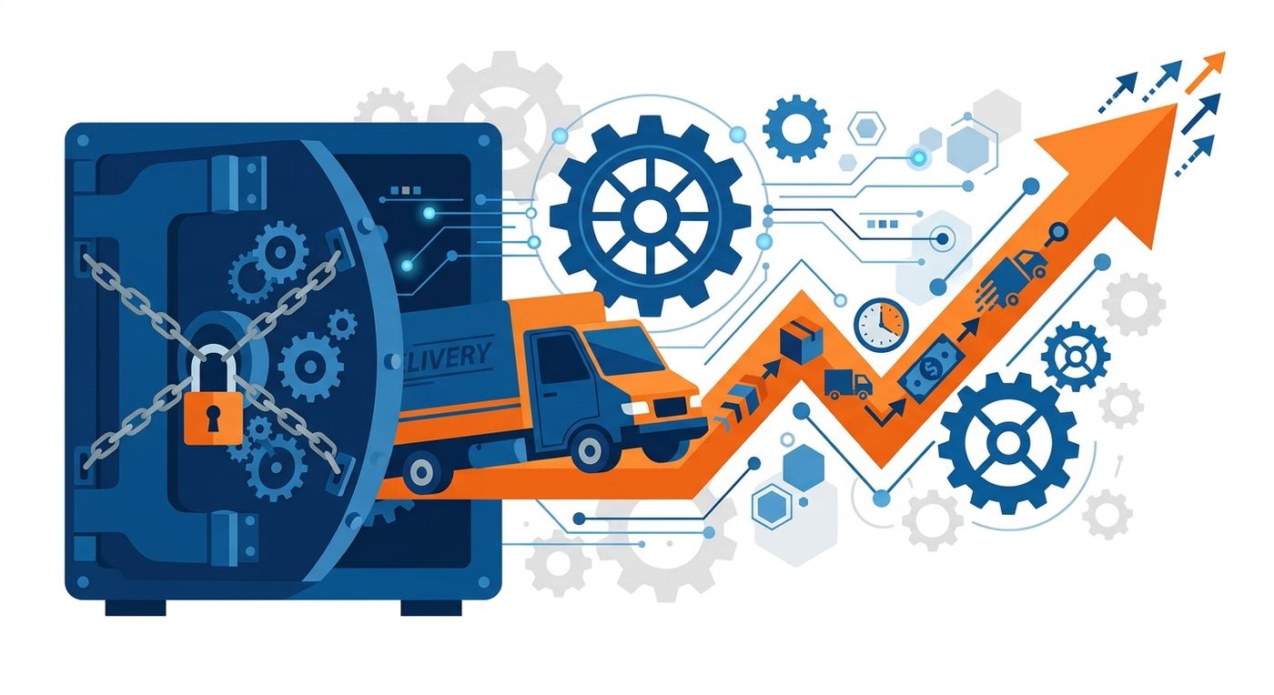 Flat vector illustration representing cash flow optimization and unlocked capital in shipping logistics.
