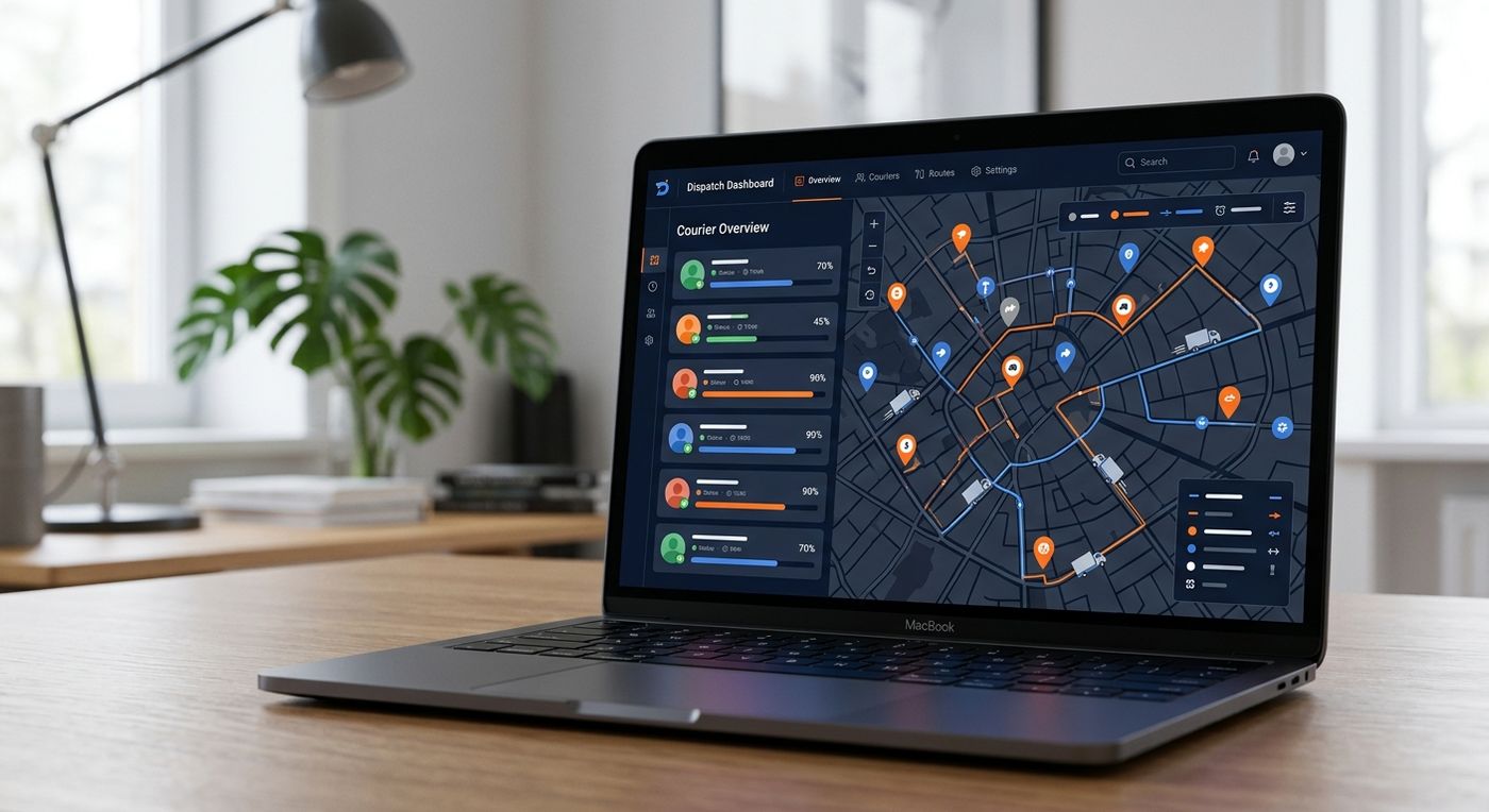 A professional laptop mockup displaying the Shiprex last-mile dispatch and route optimization dashboard with a map and courier status tracking.