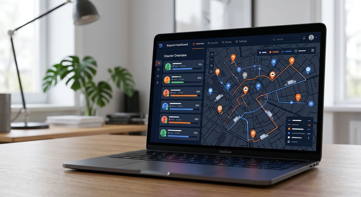 A professional laptop mockup displaying the Shiprex last-mile dispatch and route optimization dashboard with a map and courier status tracking.