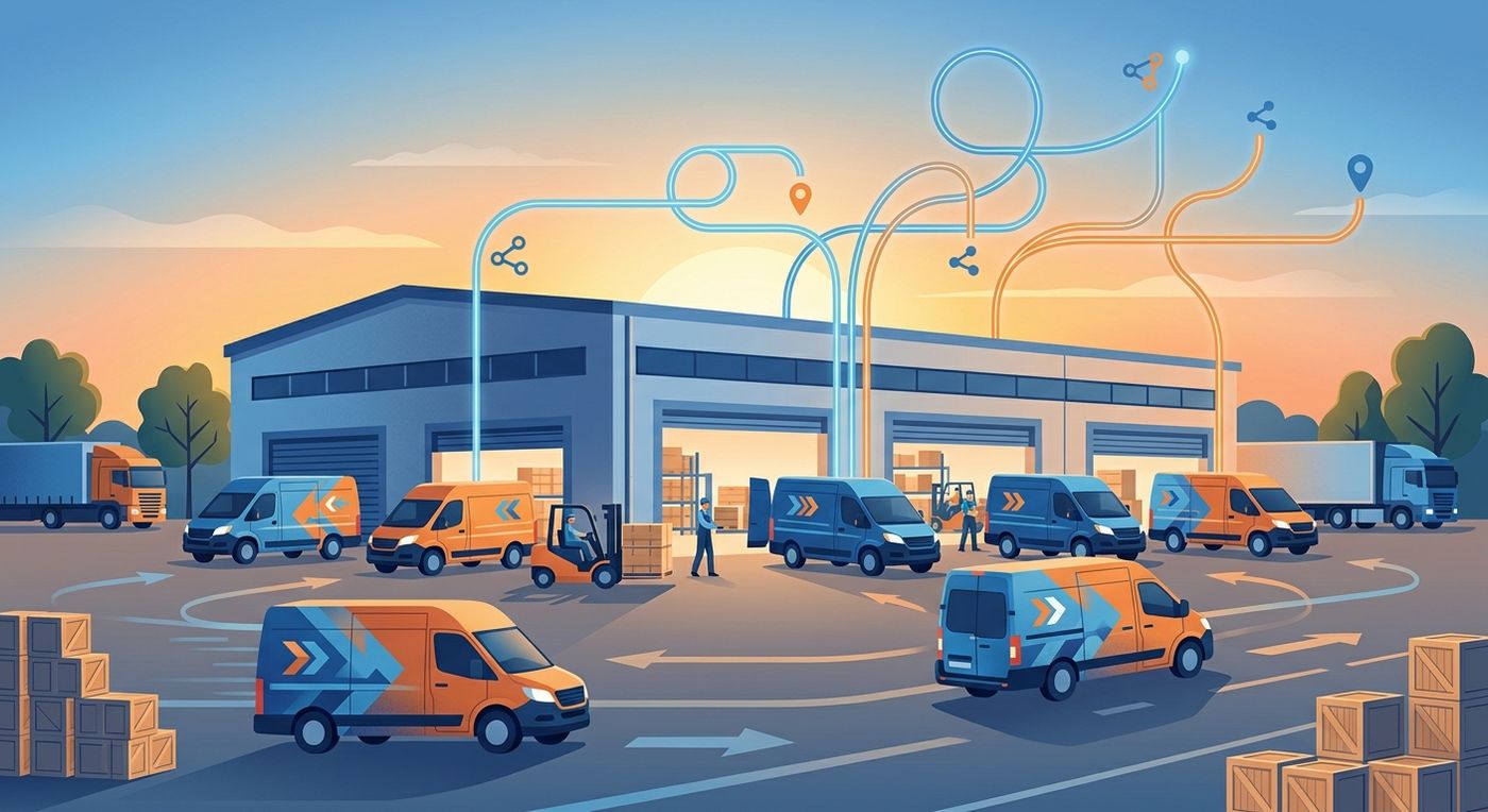 Flat vector illustration of organized delivery vans departing a warehouse early in the morning, representing efficient last-mile logistics.
