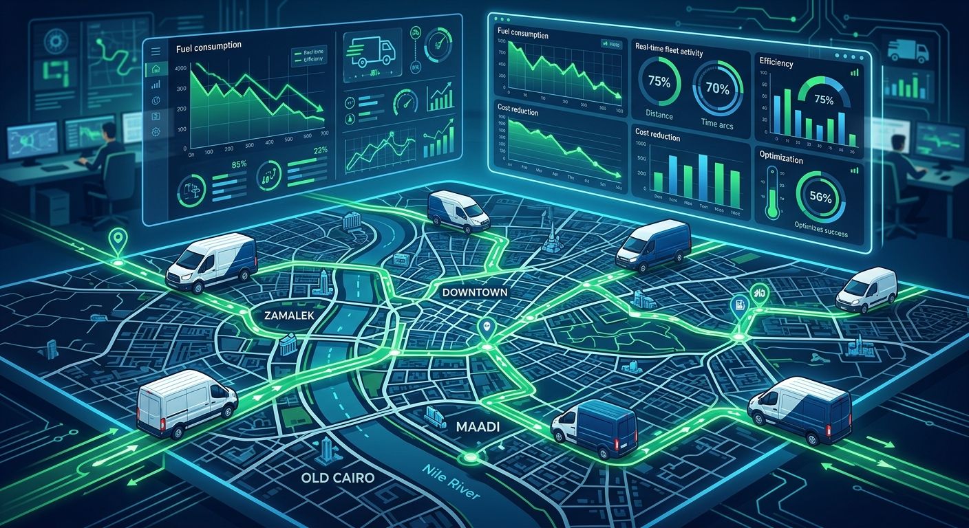 مسارات توصيل محسنة على خريطة رقمية توضح تقليل استهلاك الوقود لأسطول الشحن