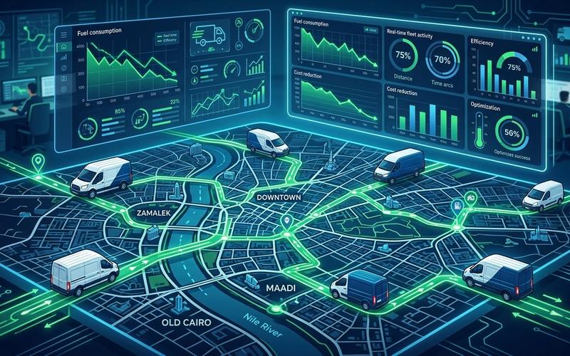 مسارات توصيل محسنة على خريطة رقمية توضح تقليل استهلاك الوقود لأسطول الشحن