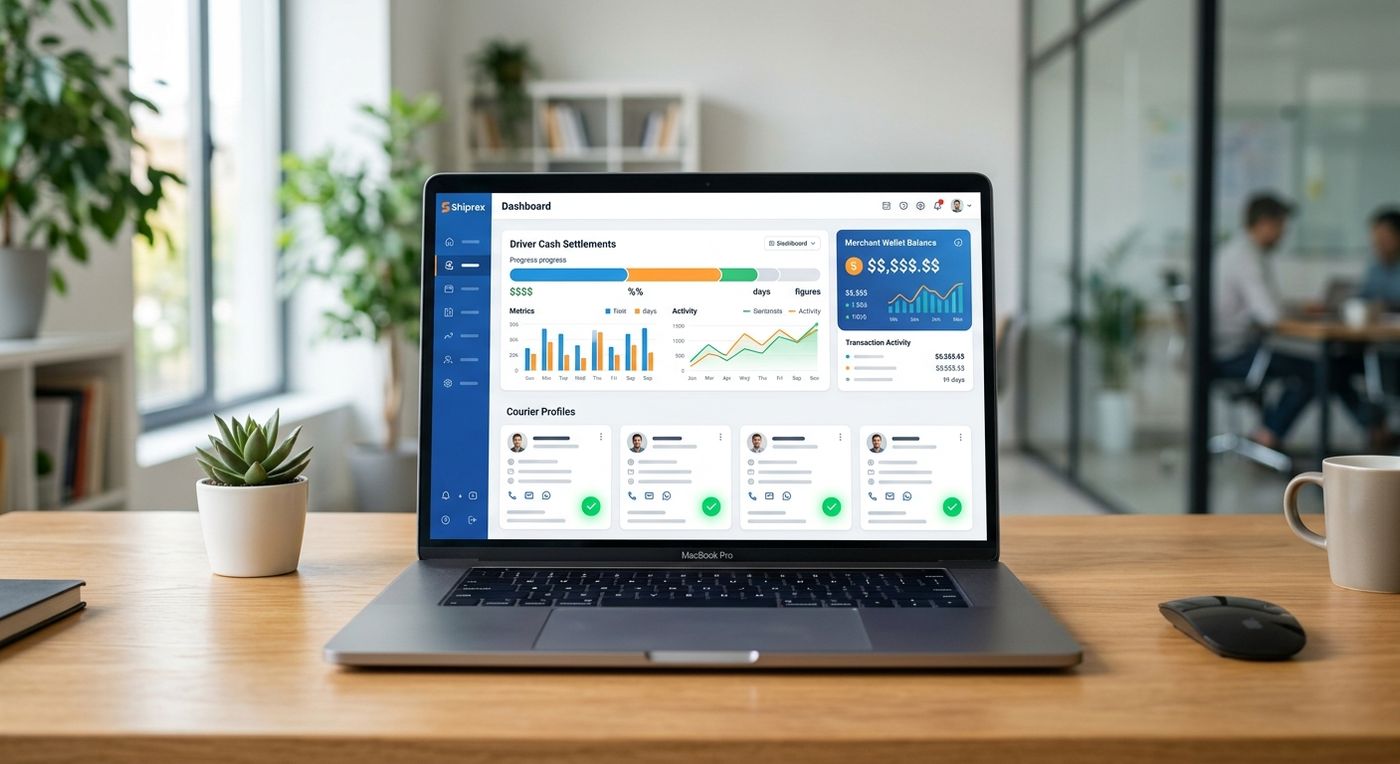 A modern laptop displaying the Shiprex SaaS dashboard with driver cash settlement metrics and merchant wallet balances.