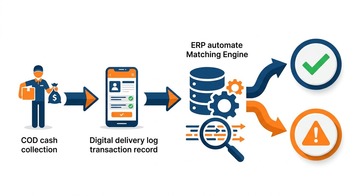 Technical workflow diagram illustrating the step-by-step automated COD reconciliation process in a shipping ERP.