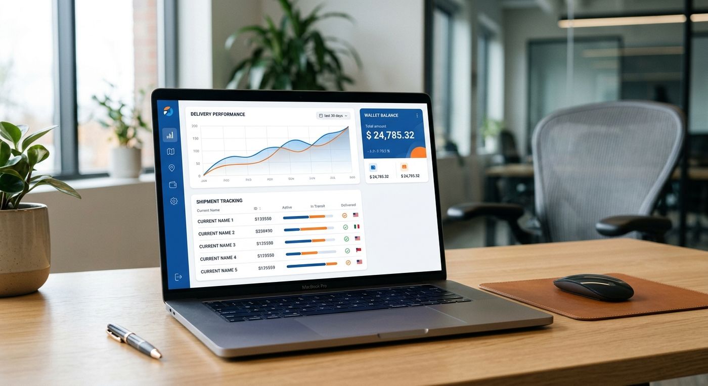 نموذج واجهة مستخدم برمجية أنيقة لبوابة التجار من شبركس تعرض تحليلات التسليم وأرصدة المحفظة الرقمية على شاشة كمبيوتر محمول.