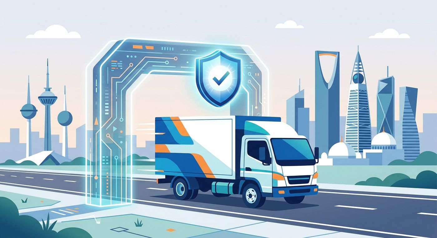 Flat vector illustration of a delivery truck passing through a digital compliance gateway in Saudi Arabia.
