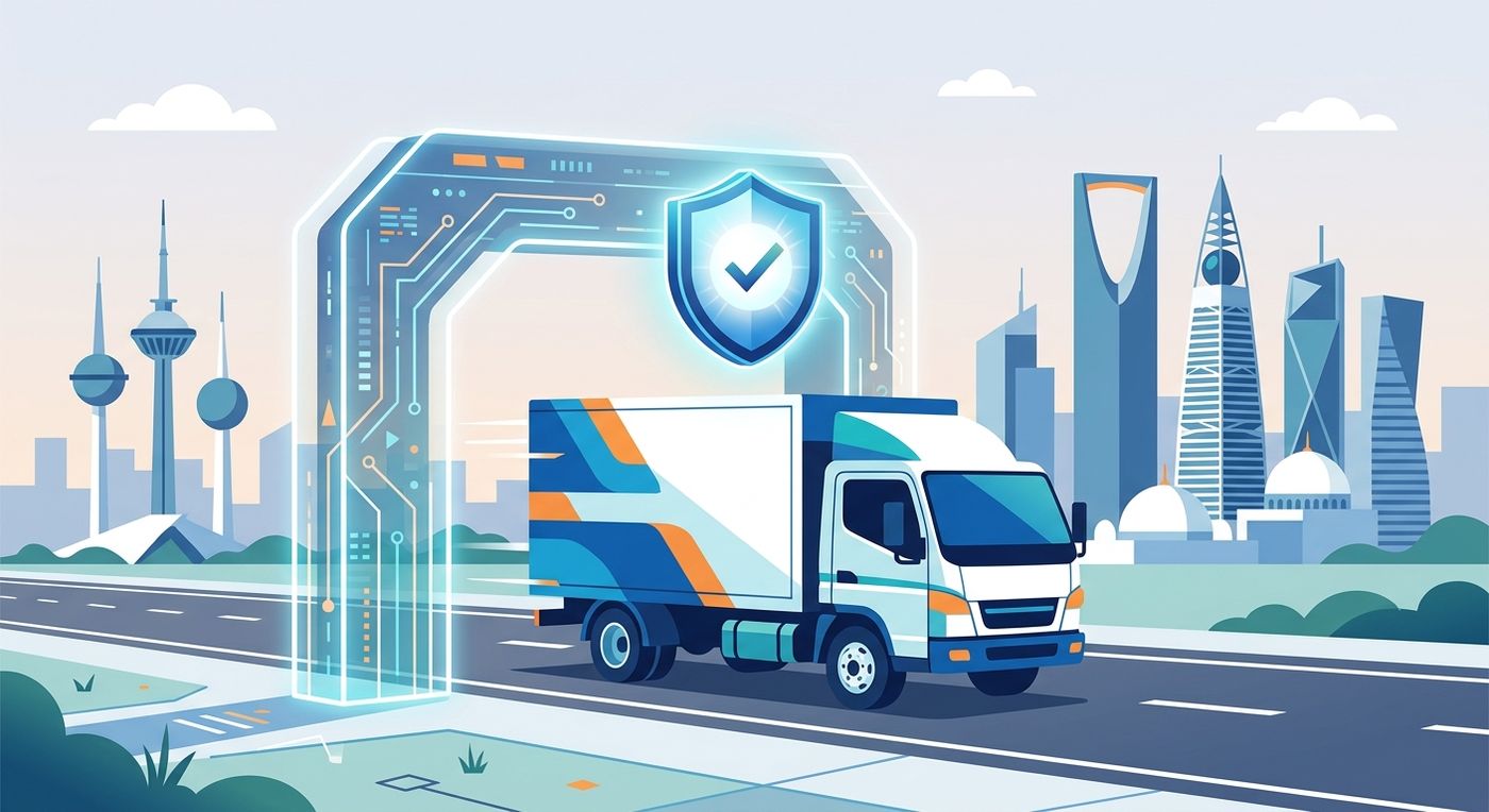 Flat vector illustration of a delivery truck passing through a digital compliance gateway in Saudi Arabia.