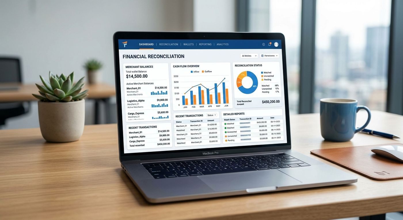 لوحة تحكم حديثة لنظام إدارة الخدمات اللوجستية على شاشة كمبيوتر محمول تعرض تسوية الدفع عند الاستلام والتحليلات المالية.