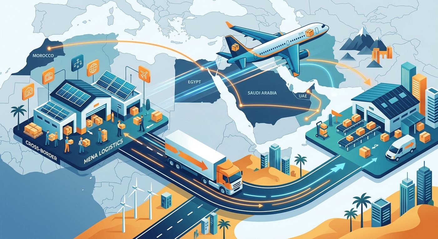Flat vector illustration representing cross-border shipping and regional logistics hubs connecting e-commerce sales to physical delivery.