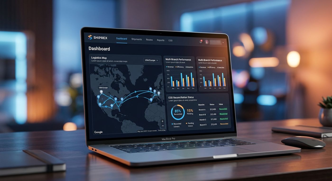 Shiprex SaaS dashboard mockup on a laptop displaying logistics route optimization and COD reconciliation metrics.