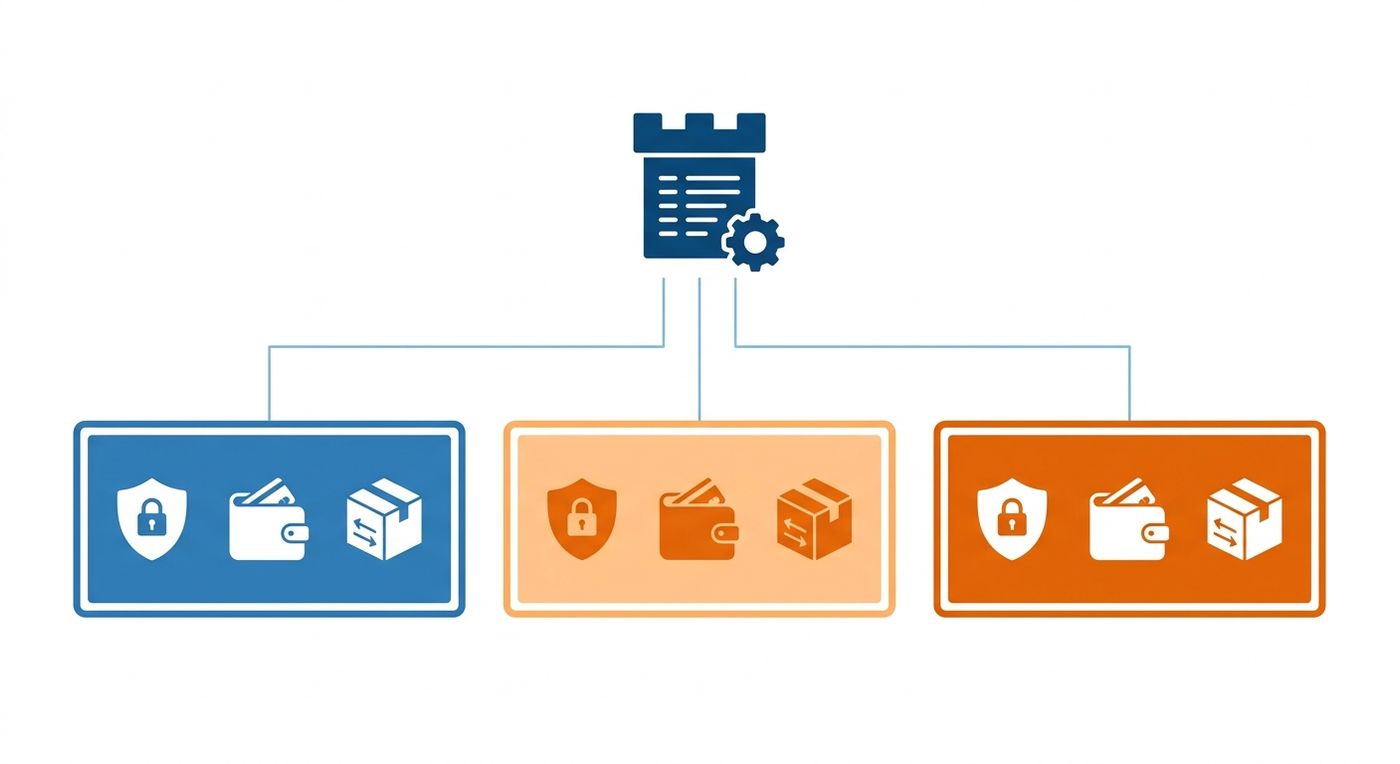 Technical diagram illustrating multi-tenant 3PL software architecture with isolated merchant environments and centralized administrative control.