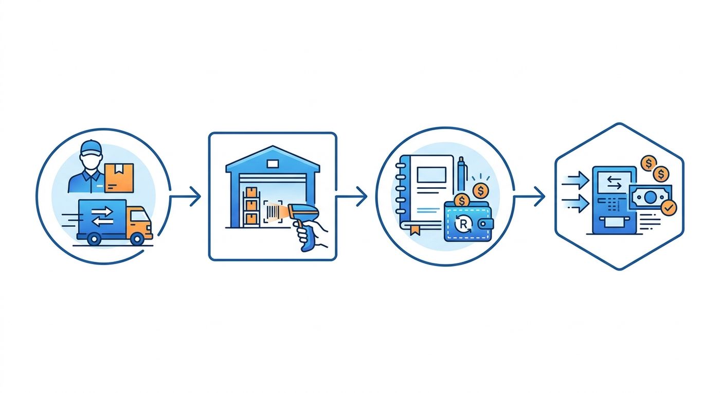 A technical flowchart diagram showing the 4-step automated reverse logistics workflow from pickup to merchant payout.