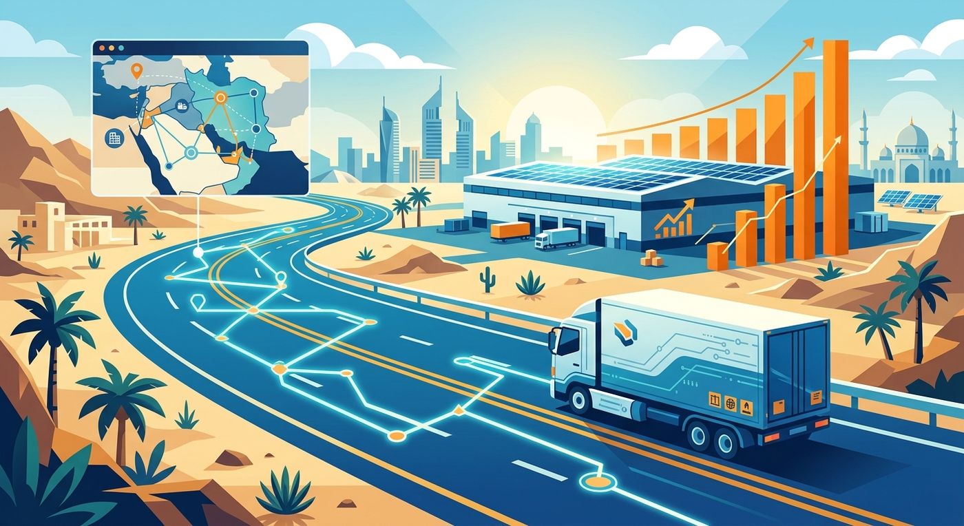 An editorial illustration of a delivery truck and a growth chart, symbolizing successful e-commerce shipping scaling and merchant retention in the GCC.