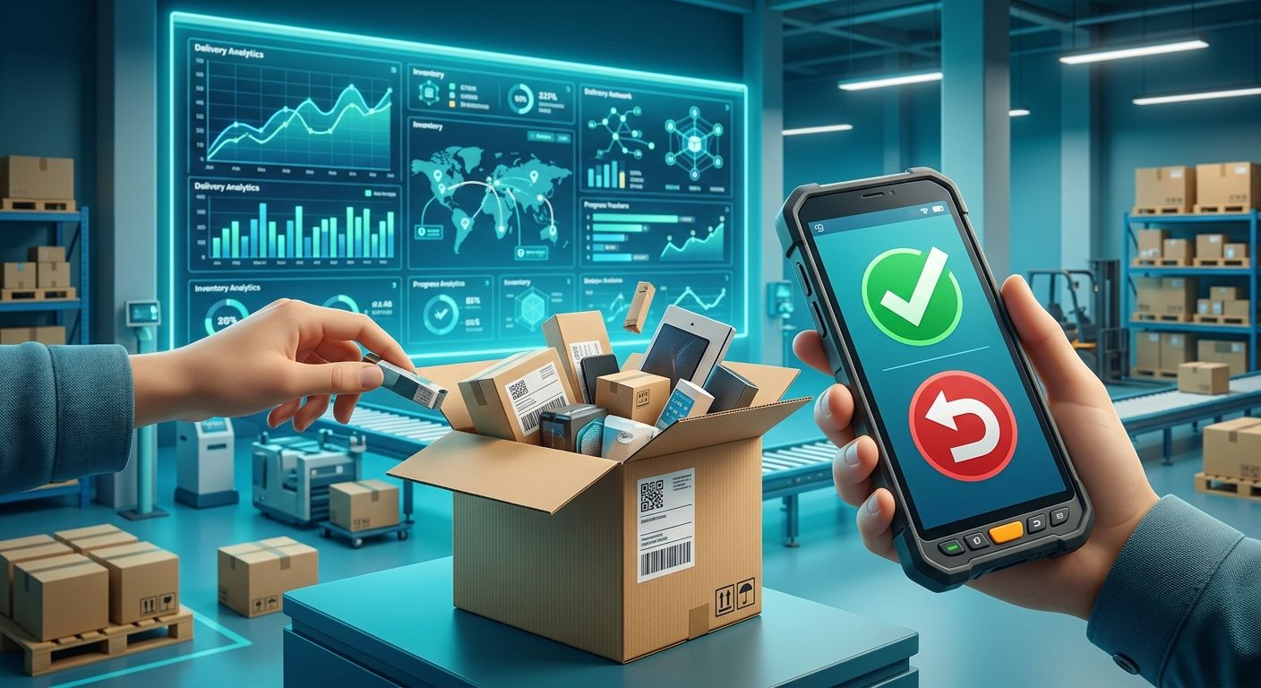 Editorial 3D graphic showing a delivery terminal, package, and reverse logistics flow.