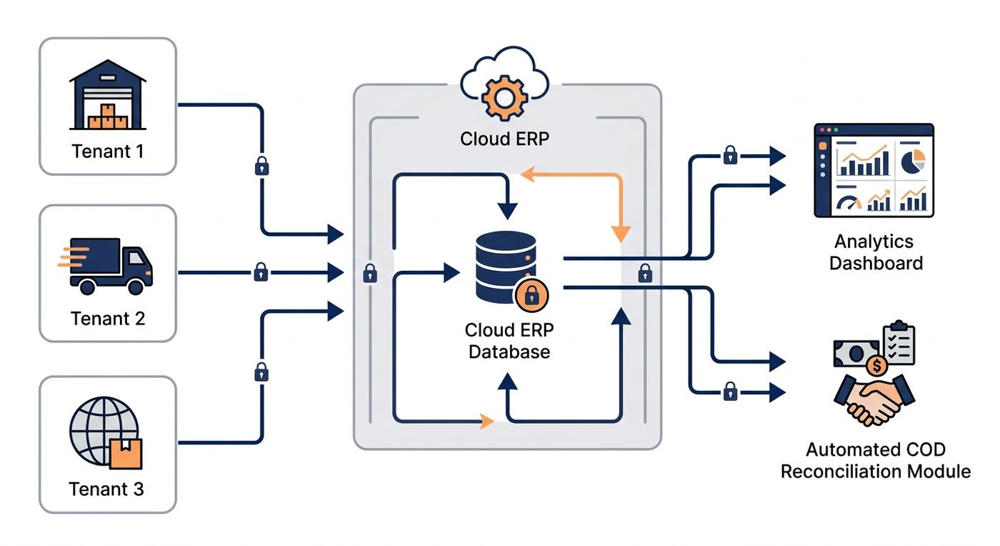 A technical diagram showing the multi-tenant data architecture of Shiprex ERP, illustrating how data from multiple merchants is securely aggregated into a single platform.