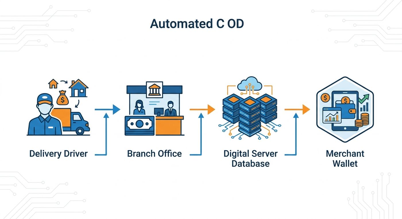 Flowchart diagram showing the automated COD reconciliation and merchant wallet update process.