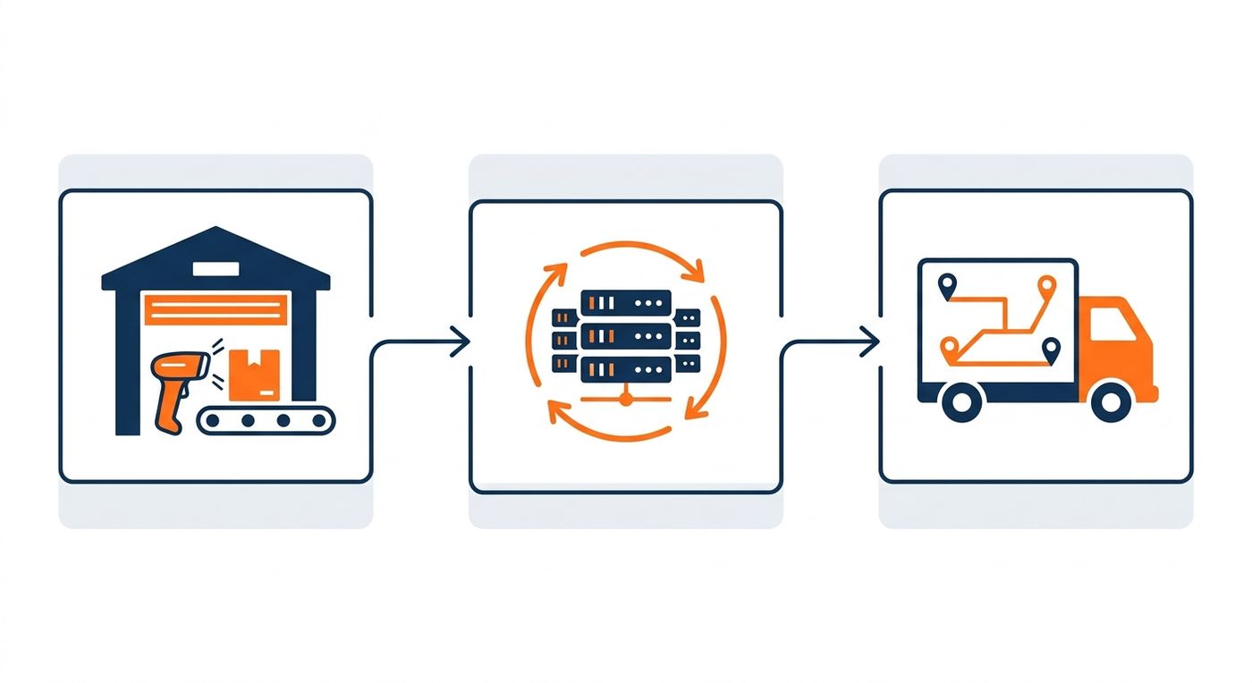 Flowchart diagram illustrating the step-by-step integration of warehouse inventory scanning and automated last-mile dispatch.