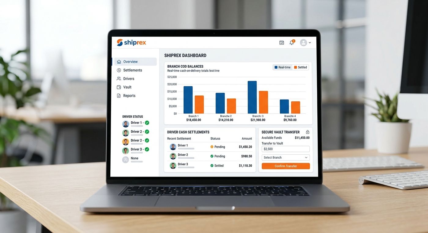 عرض توضيحي لواجهة نظام Shiprex لإدارة الخدمات اللوجستية على شاشة كمبيوتر محمول، يوضح لوحة تحكم تسوية النقدية للسائقين وإدارة خزائن الفروع.