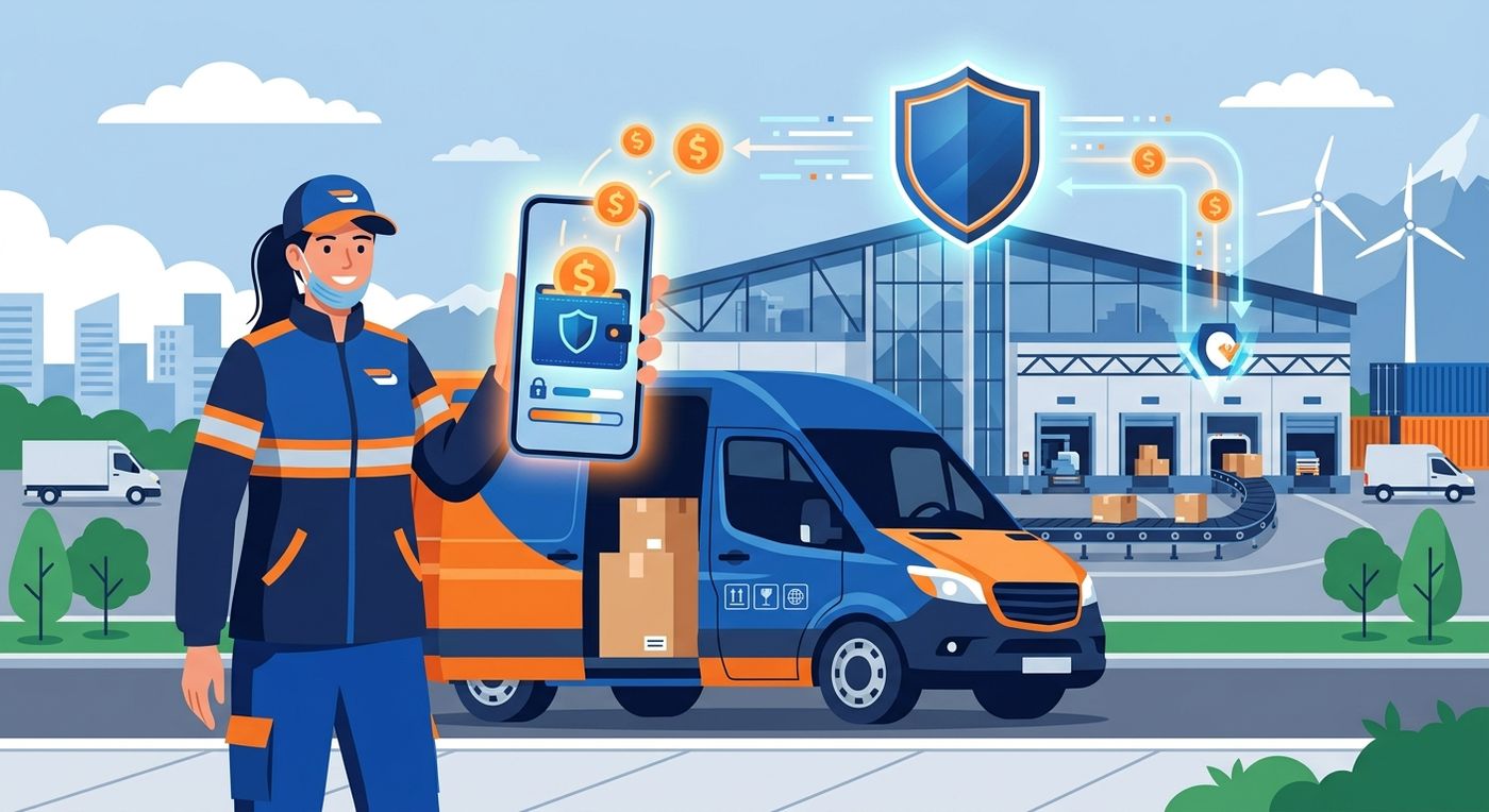 رسوم توضيحية مسطحة تمثل المدفوعات الفورية للسائقين وإدارة المحفظة الرقمية في قطاع الخدمات اللوجستية.