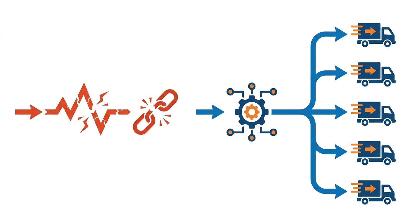 A technical diagram comparing a failed legacy API integration with a stable, centralized ERP system handling high e-commerce shipping volumes.
