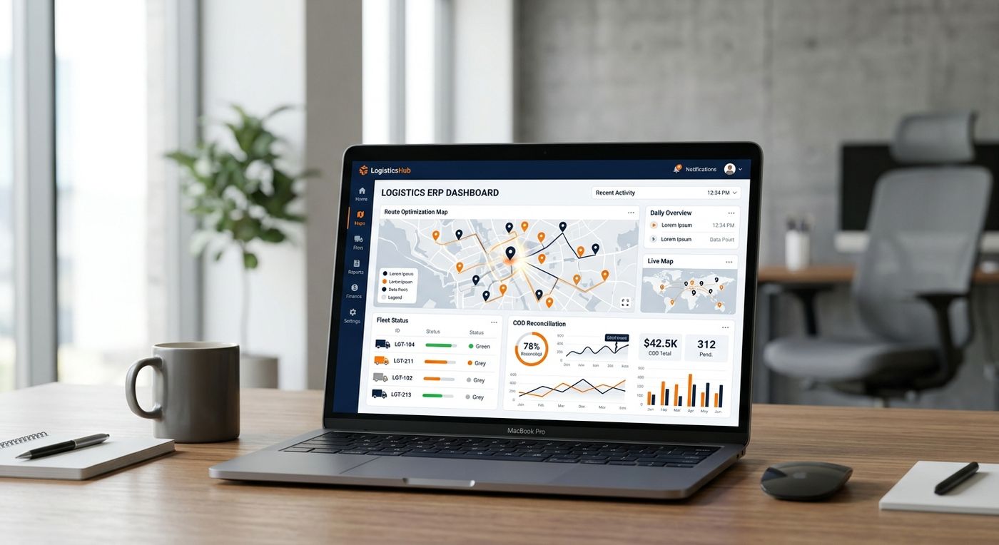 A professional product showcase of the Shiprex logistics ERP dashboard on a laptop, displaying fleet management and route optimization features.