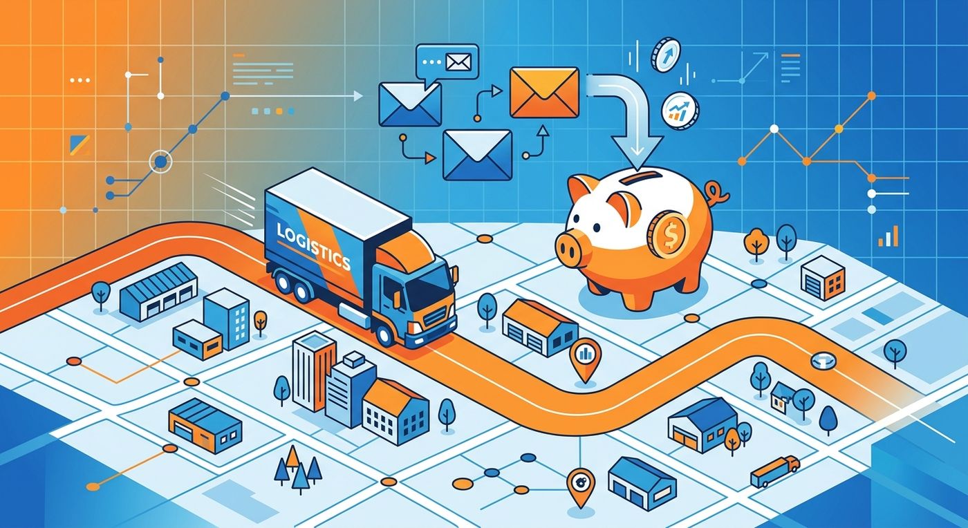 An editorial illustration showing a delivery truck on an optimized route, symbolizing reduced SMS notification costs through efficient logistics operations.